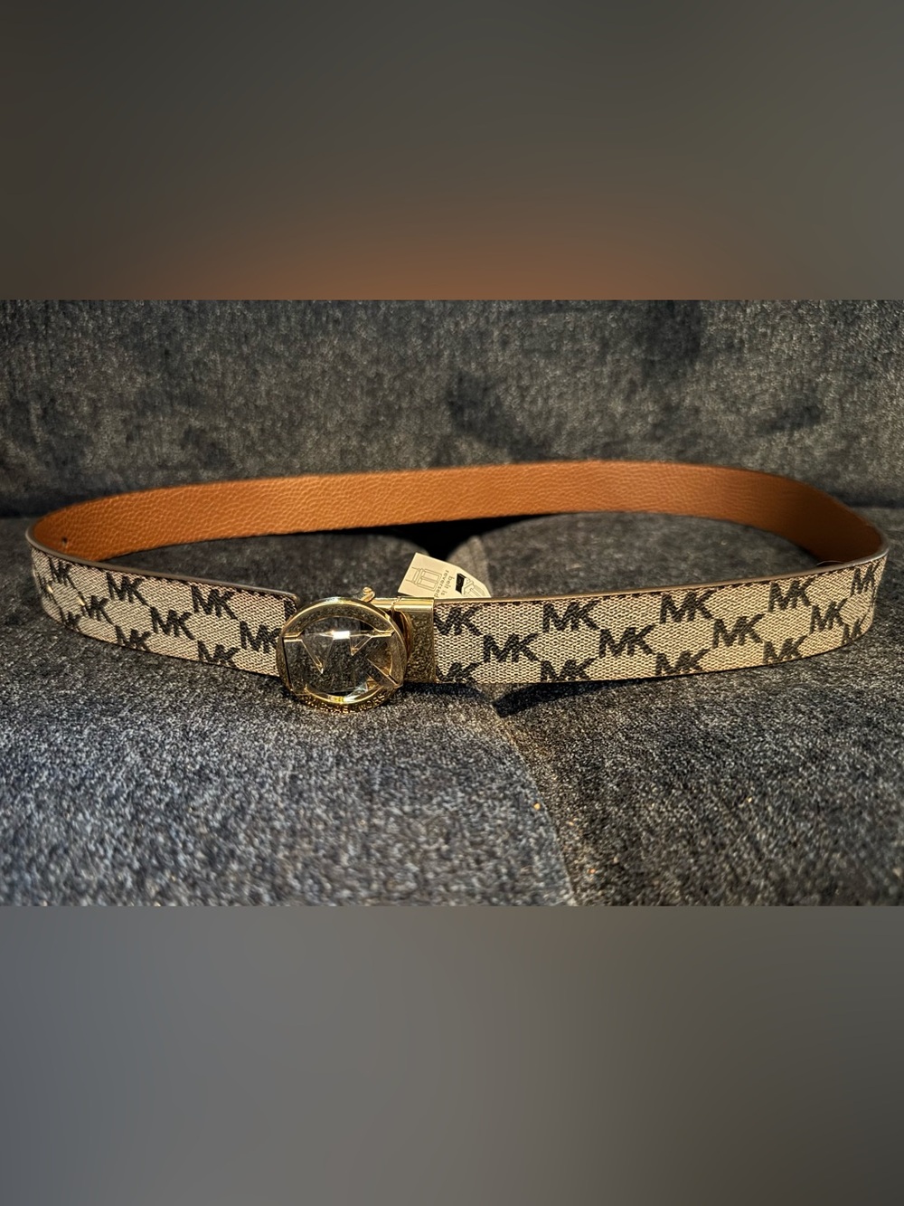 Michael Kors Beige MK Logo Belt with Tan Leather Reversible and Gold Buckle